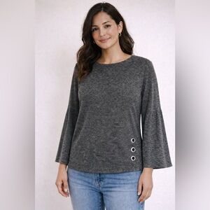Riva Grey Bell Sleeve Top – Size M – Silver Grommet Detail